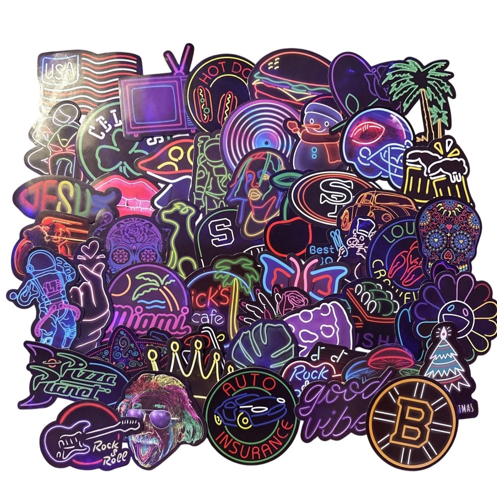 NEW 50pc Neon Sign Vinyl Sticker Pack Retro Food Sports Music Designs